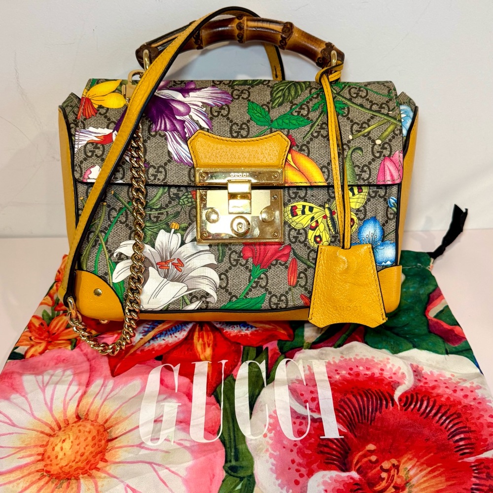Gucci GG Supreme Monogram Logo Flora Yellow Small Padlock Bamboo Bag W Crossbody - Picture 1 of 16